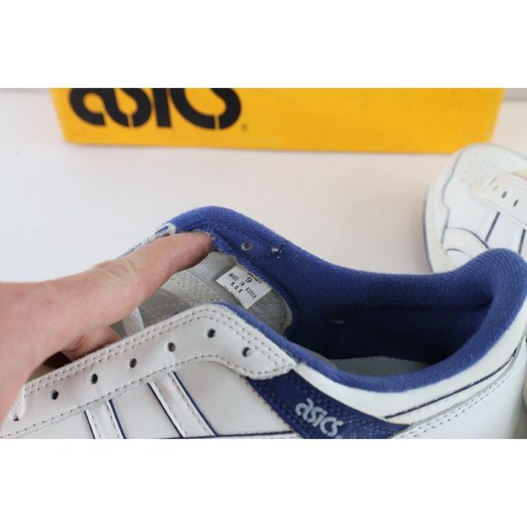 NOS Vintage 90s Asics Mens Size 9 Spell Out Outrage Lo Sneakers Shoes White Blue